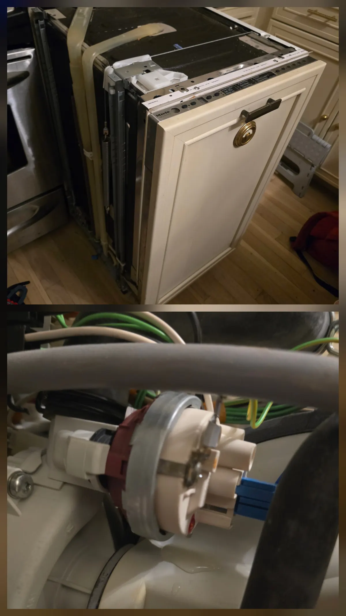 Integrated Miele dishwasher pulled for service, pump and seal work at the base