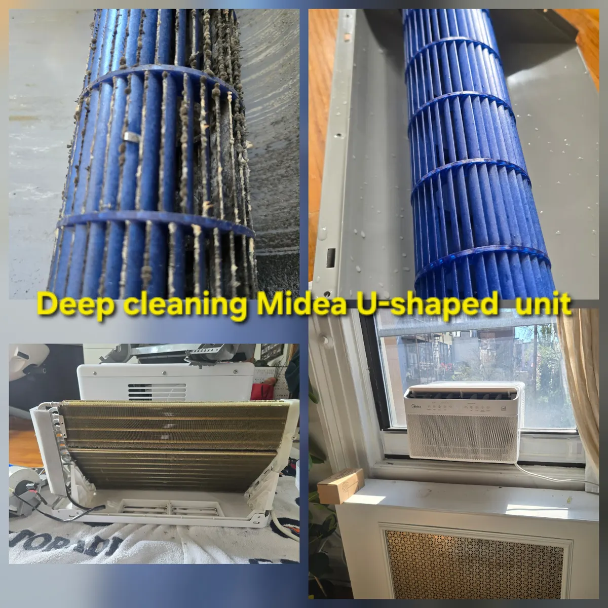 Midea U-shaped window AC deep clean: dirty blower, cleaned coils, reassembled unit