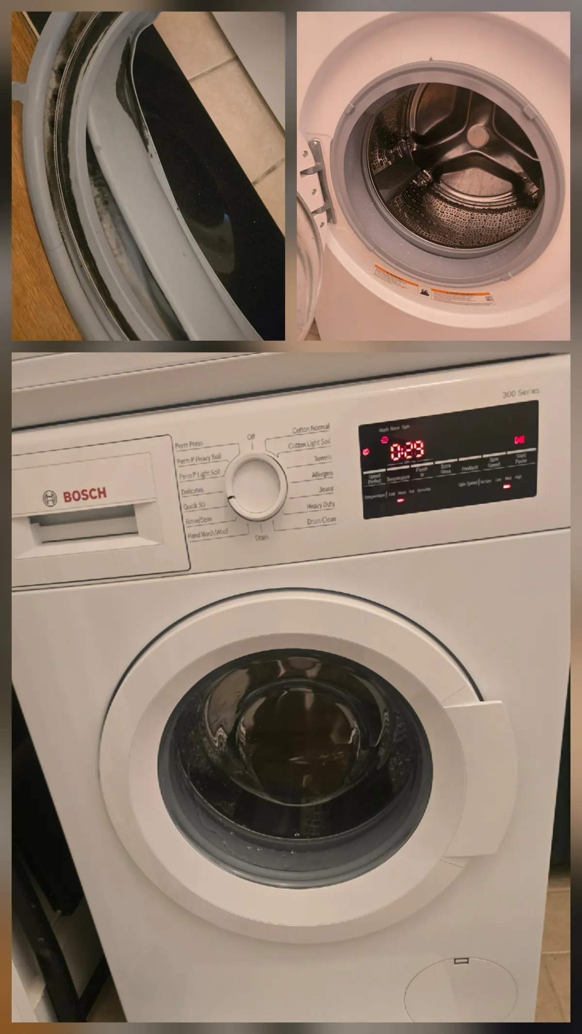 Bosch 300 Series washer: moldy door gasket cleaned and machine running