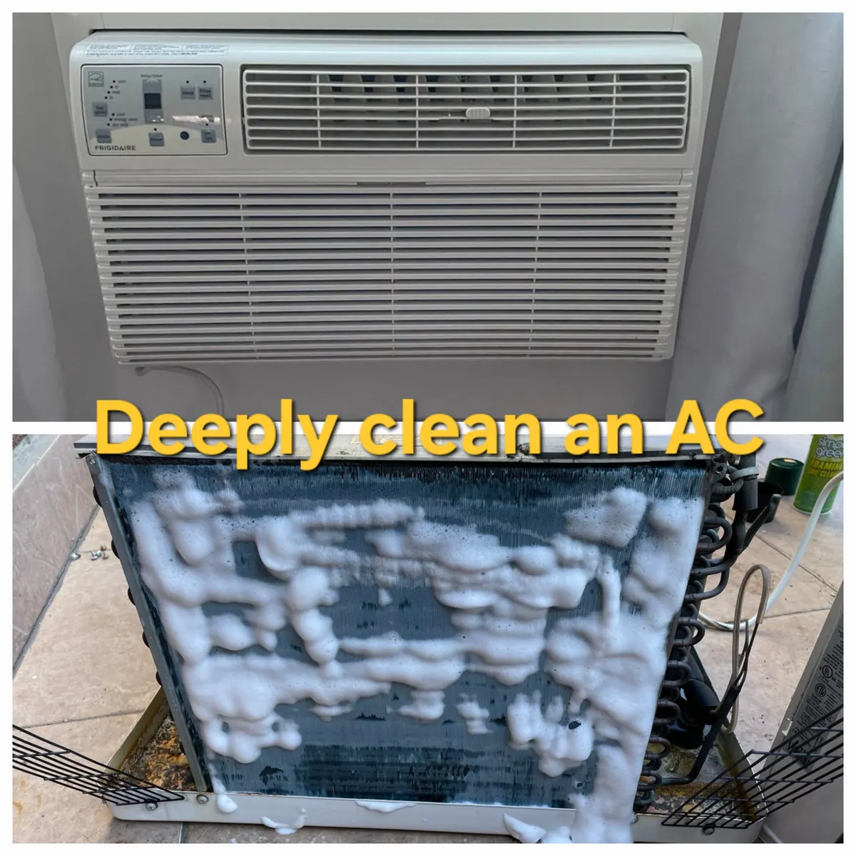 Frigidaire window AC deep clean with foaming coil cleaner on the evaporator