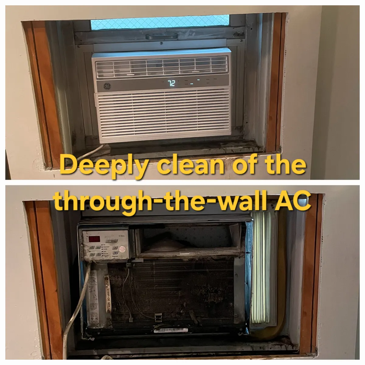 Through-the-wall GE AC deep clean: dusty coils versus cleaned installed unit