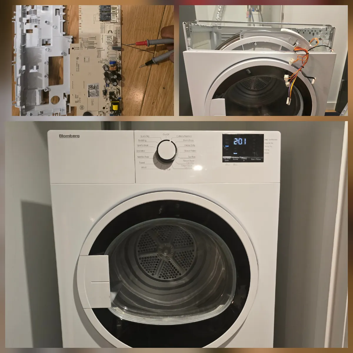 Blomberg dryer repair: control board tested and dryer running after reassembly