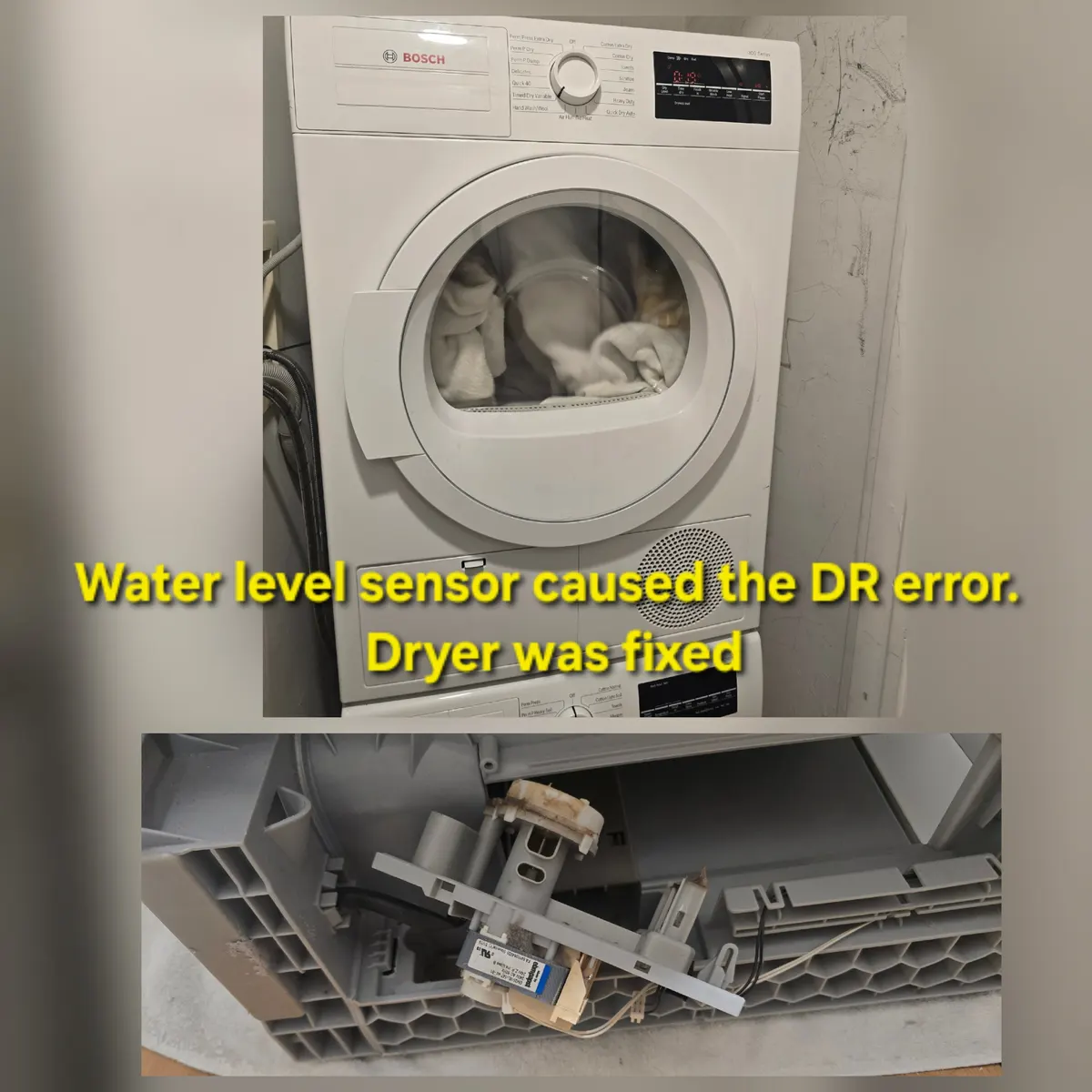 Bosch dryer DR error fixed by servicing the water level sensor