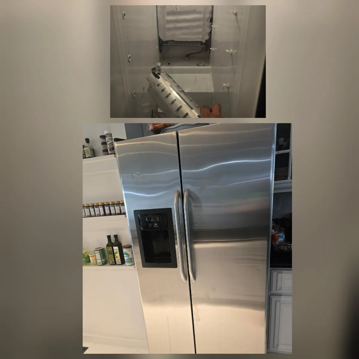 Side-by-side refrigerator repair: iced evaporator coils and the finished unit