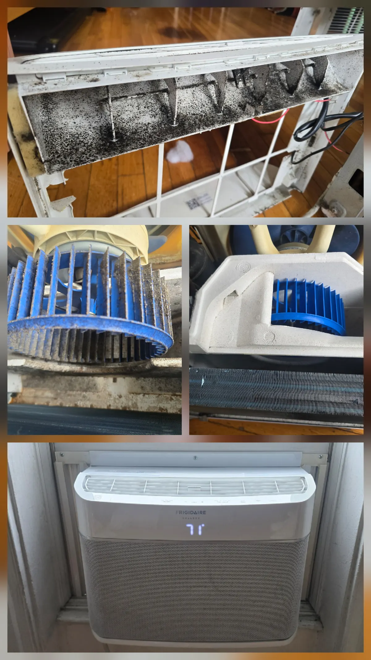 Frigidaire Gallery window AC deep clean: moldy housing and dirty blower versus cleaned unit