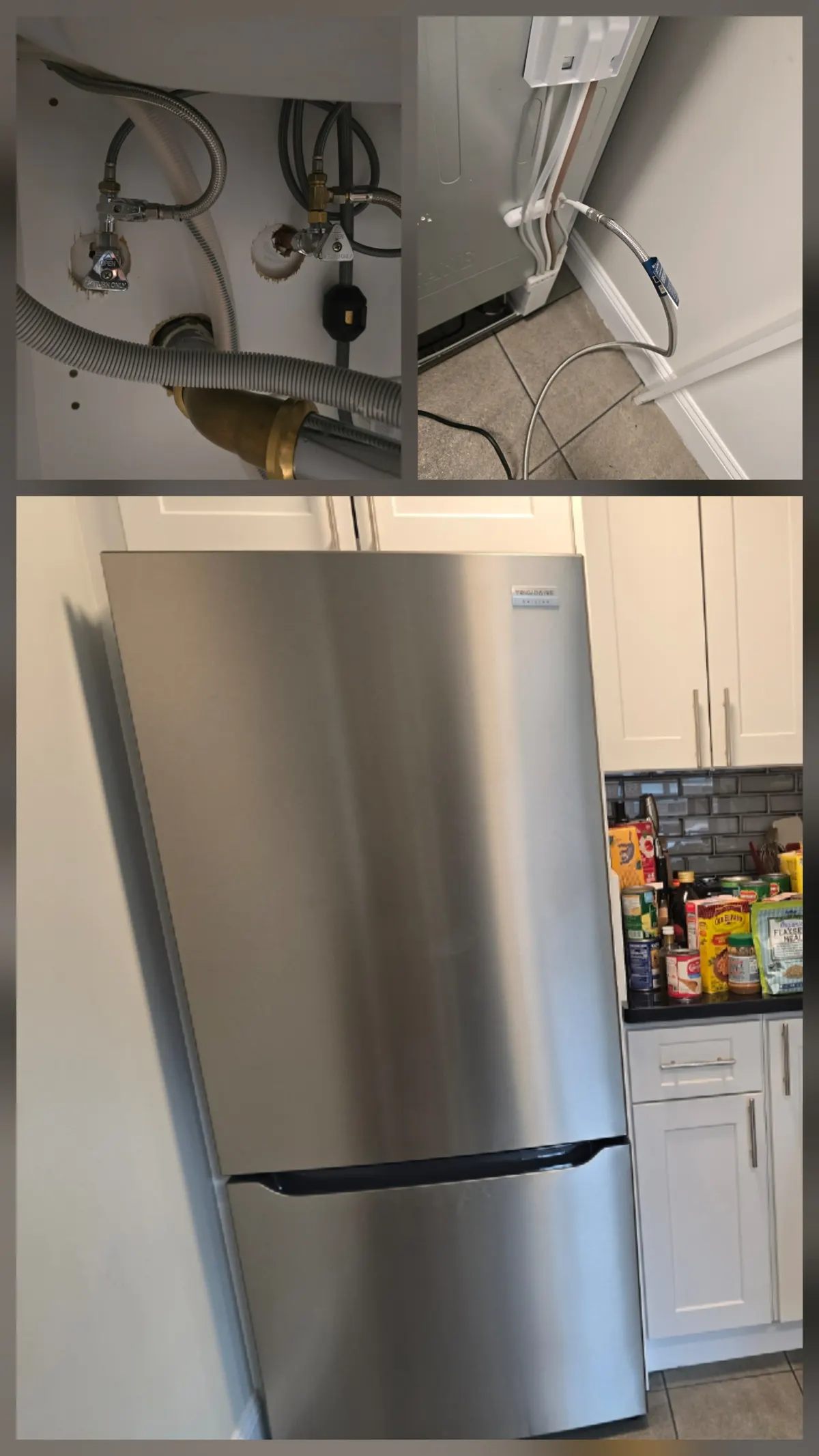 Frigidaire refrigerator install with water-line hookup behind the unit